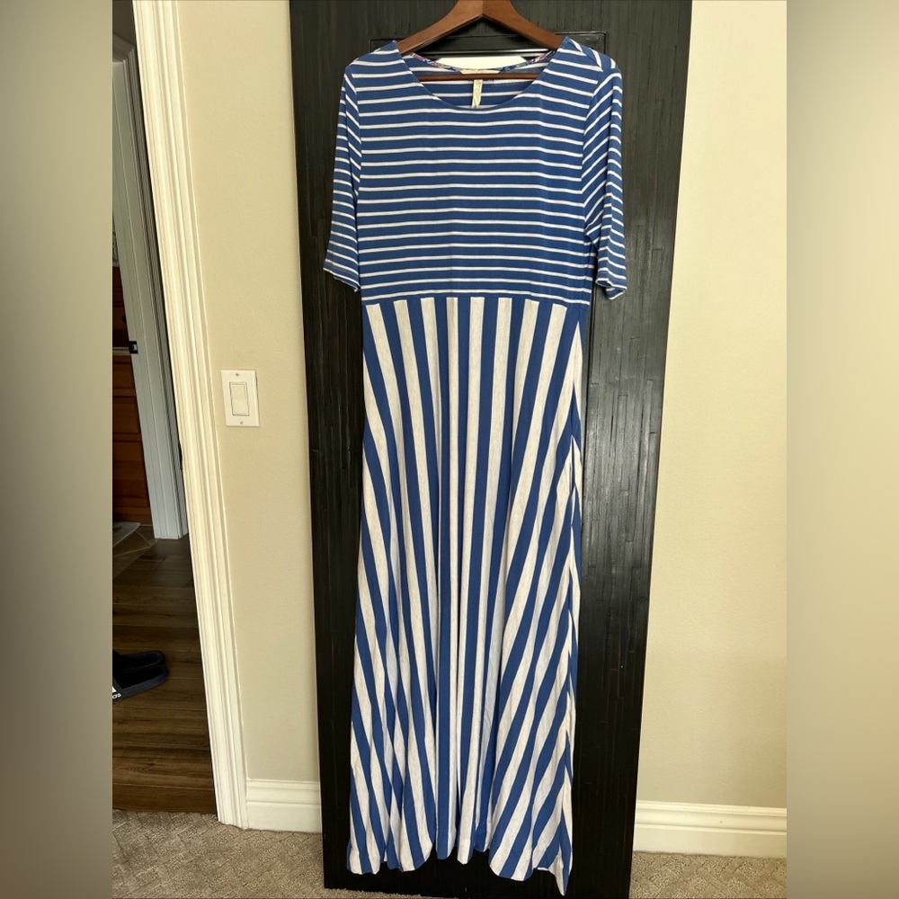 Matilda Jane Women's Sz L Maxi Dress, Out Of The Blue, Blue & White Stripe